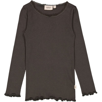 WHEAT - Rib T-Shirt Lace LS - 0033 black granite - 98/3y