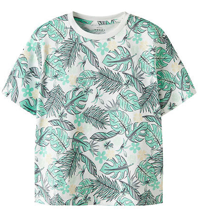 Name it - NKMVALMAS SS NREG TOP - Bright White/Green Leaf