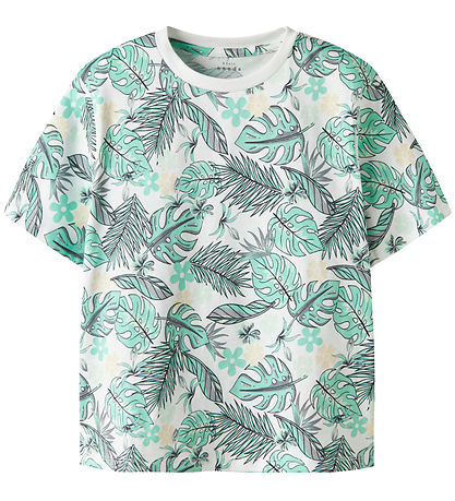 Name it - NKMVALMAS SS NREG TOP - Bright White/Green Leaf