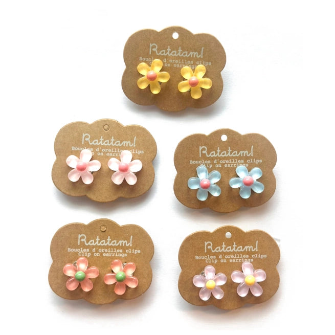 Paar Blumen-Clip-Ohrringe – Rosa, violett, blau, gelb, koralle