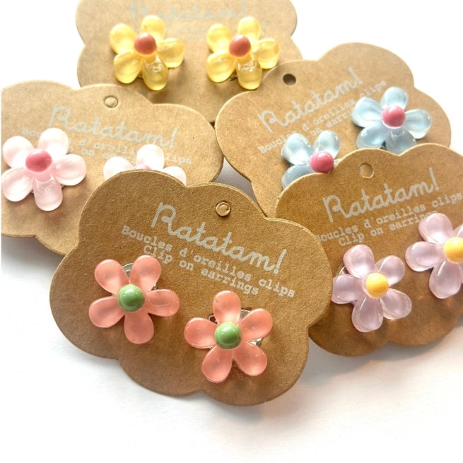 Paar Blumen-Clip-Ohrringe – Rosa, violett, blau, gelb, koralle