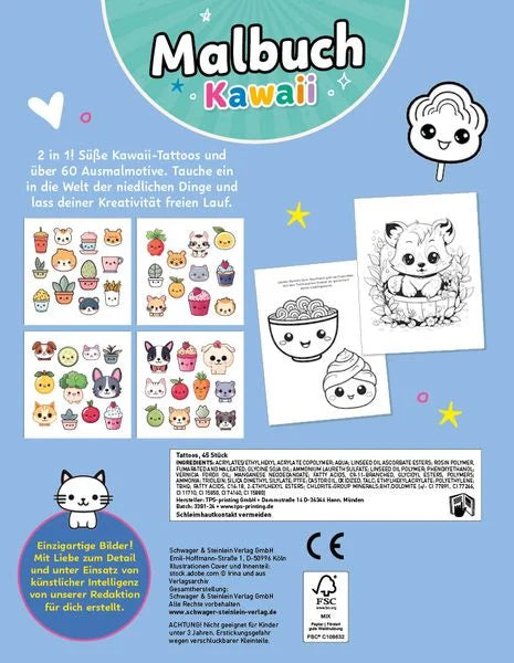Malbuch Kawaii mit 45 Tattoos