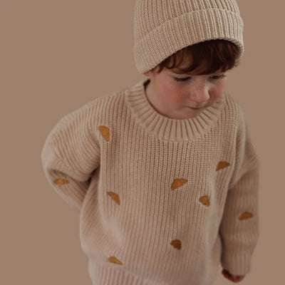 NARBONNE knit w. embroidered croissants-Mist fawn