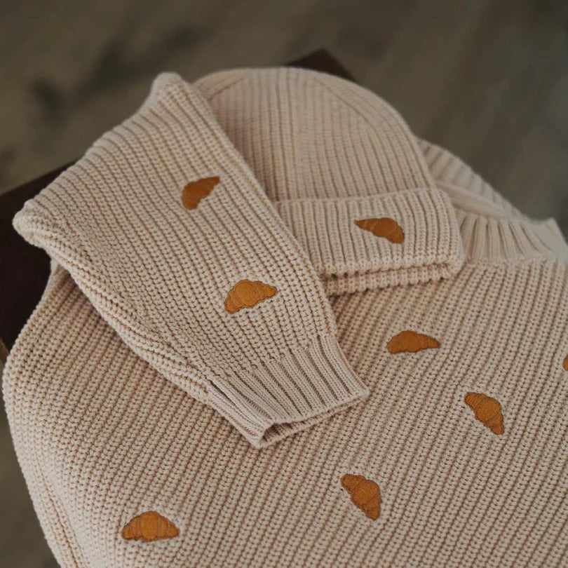 NARBONNE knit w. embroidered croissants-Mist fawn