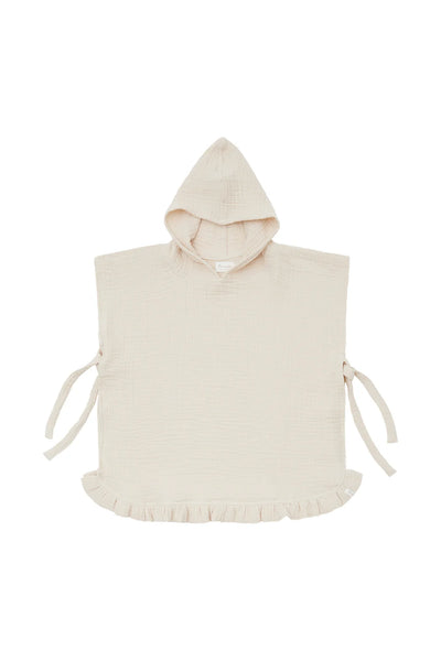 Poncho aus Musselin 'oh hey vacay' mit Rüschen - cappuccino