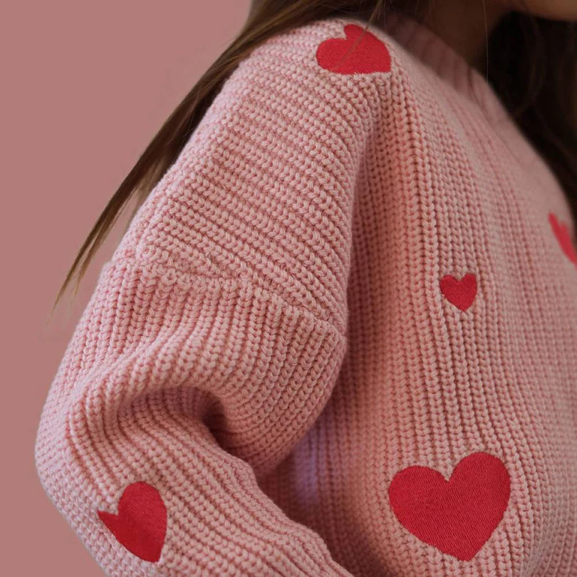 BELLE knit w. embroidered hearts-Poppy Rose