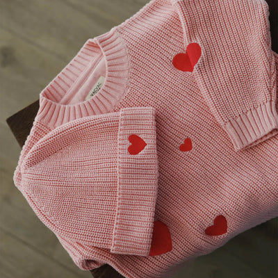 BELLE knit w. embroidered hearts-Poppy Rose