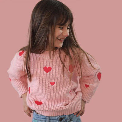 BELLE knit w. embroidered hearts-Poppy Rose
