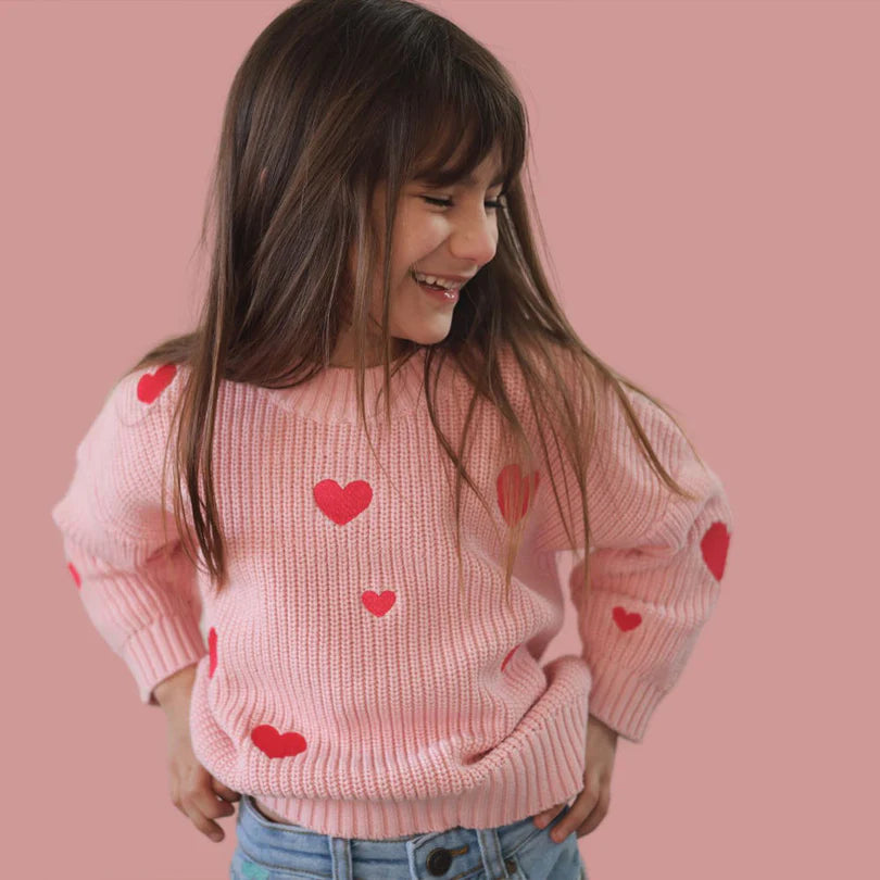 BELLE knit w. embroidered hearts-Poppy Rose